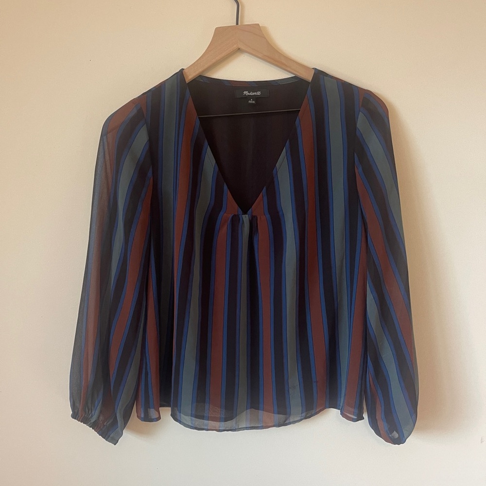 Madewell Top Blouse Women's Small Long Sleeve Turquoise Stripe Business Casual